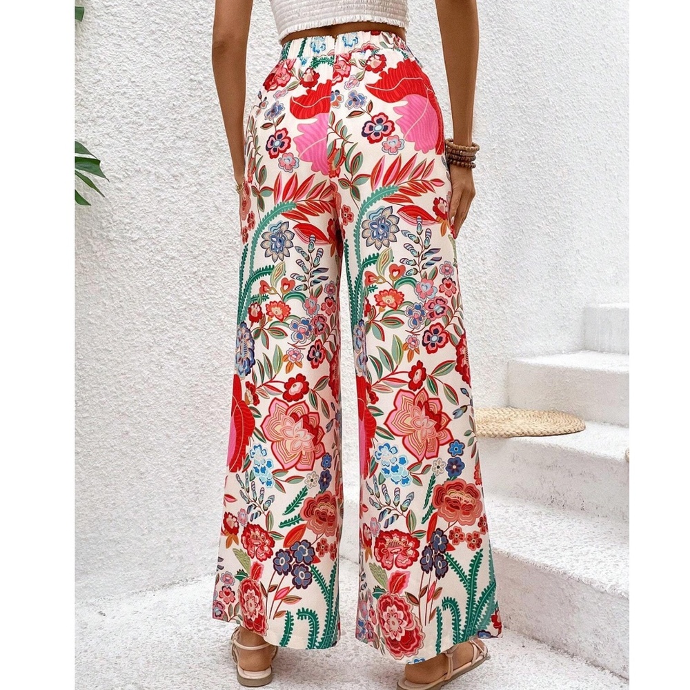 075 Boho Floral Print stretchy Waist Wide Leg Pants - Picture 4 of 4